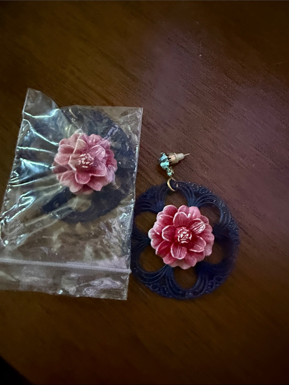 Tarina Tarantino Navy Hoop Earrings with Pink Floral Center